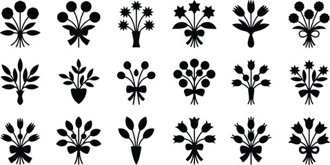 Flower bouquet silhouettes vector illustration, floral artwork with decorative arrangements, nature design for wedding, celebration, romantic themes © Mst