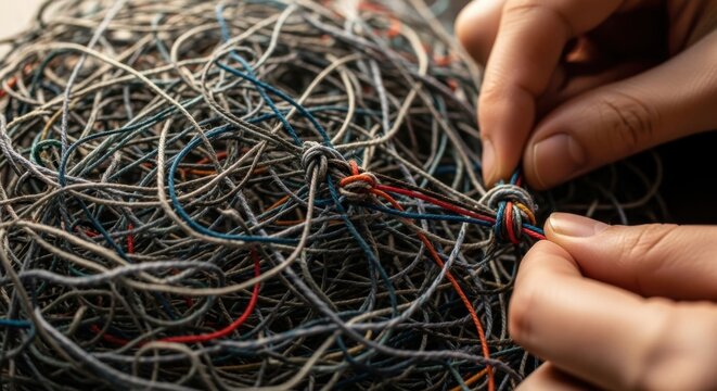 Tangled mess of multicolored wires and strings being untied by human hands representing complex problem solving and patience in difficult situations with intricate knots and chaotic fiber textures