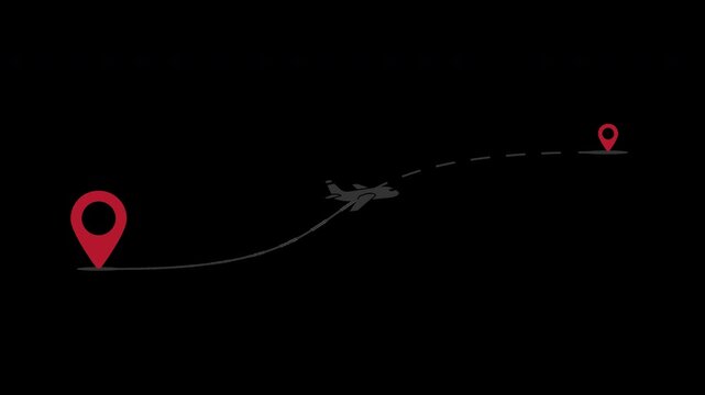 Airplane Silhouette Flight Path Animation Following Dotted Route Between Two Location Pins with Transparent Alpha Channel for Travel and Navigation Overlay
