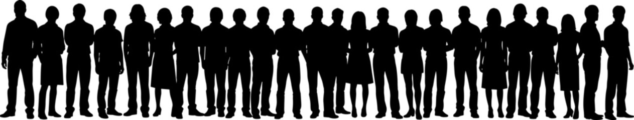 Black silhouette vector illustration of a diverse group of people standing in a row, representing a community, team, or audience.