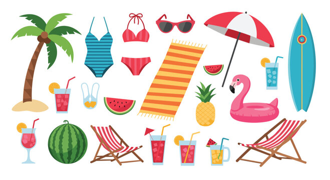 Comprehensive collection of essential summer beach vacation elements, including swimwear, drinks, surfboard, and a flamingo float.