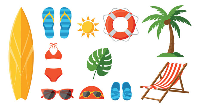 Vibrant collection of essential summer beach and vacation items including a surfboard flip-flops and a relaxing deck chair.