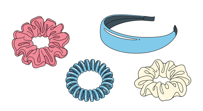 Stylish collection of various hair accessories including colorful scrunchies a spiral hair tie and a chic headband for diverse hairstyles.