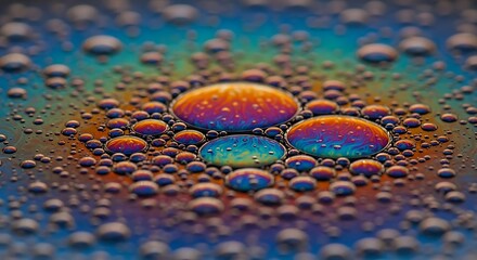 Obraz premium A mesmerizing macro shot captures numerous iridescent oil and water bubbles of various sizes, creating a stunning abstract pattern with vibrant rainbow colors reflecting on a textured surface.