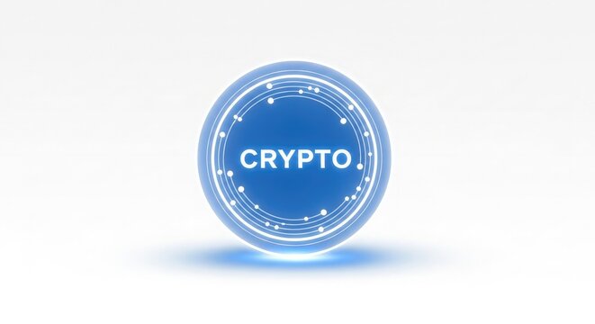 A blue cryptocurrency coin with the word crypto on a white background with glowing effect