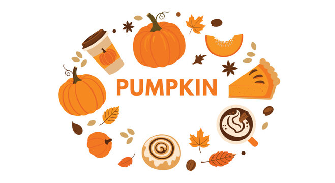 Festive circular arrangement of pumpkin themed autumn delights including whole pumpkins pie slices and warm lattes.