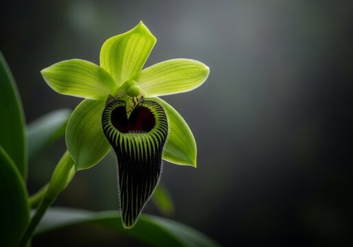Coelogyne pandurata, known as the Black Orchid of Borneo, captured in its tropical rainforest habitat. This rare Indonesian orchid features striking green petals and a dark black labellum.