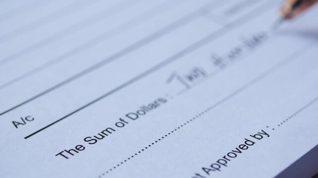 Close-up shot of a person writing numerical amount on a document, illustrating the process of filling out paperwork or financial forms in a professional setting