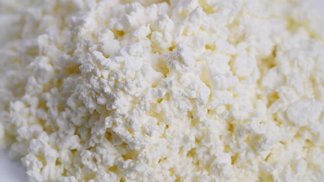 Closeup of soft cottage cheese curds on plate, Closeup image of natural farmfresh cottage cheese with soft white appearance and creamy consistency for food styling