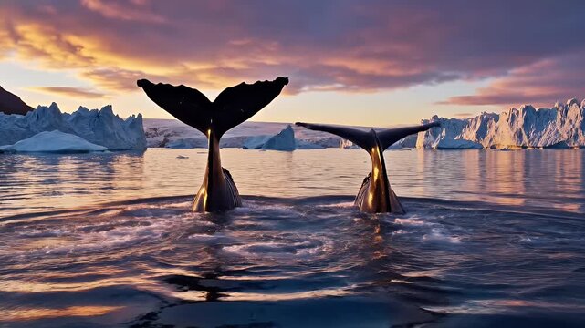Two whale tails erupt from water near icebergs during a sunset
