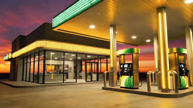 Gas station at twilight with neon lights reflecting on wet pavement