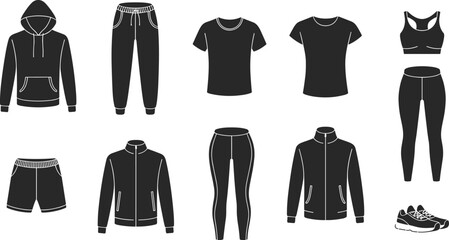 Collection of black sportswear silhouettes including hoodie, leggings, t-shirts and sneakers, flat vector illustration icons for fitness apparel and gym branding
