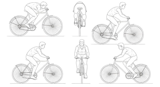 Cyclist Riding Bicycle AutoCAD Blueprint Vector &ndash; Multi View Human Transport Technical Drawing