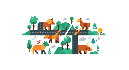 Fototapeta premium Six distinct animals including bears deer a dog and a goat are positioned on a divided landscape featuring green trees roads with two red 'X' barrier signs and water droplets, Generative AI.