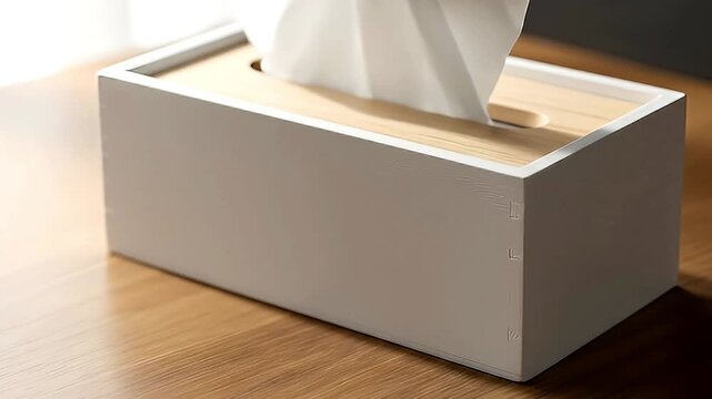 A close-up shot captures a hand reaching for and carefully pulling a soft white paper tissue from a sleek, modern dispenser. The dispenser features a clean white base and a warm wooden lid, sitting el
