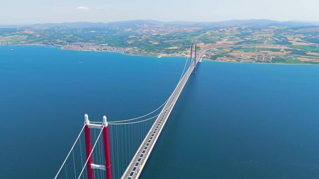 Lapseki, Turkey. 1915 Canakkale Bridge, the world's longest suspension bridge, spanning the Dardanelles strait at sunset. Aerial View