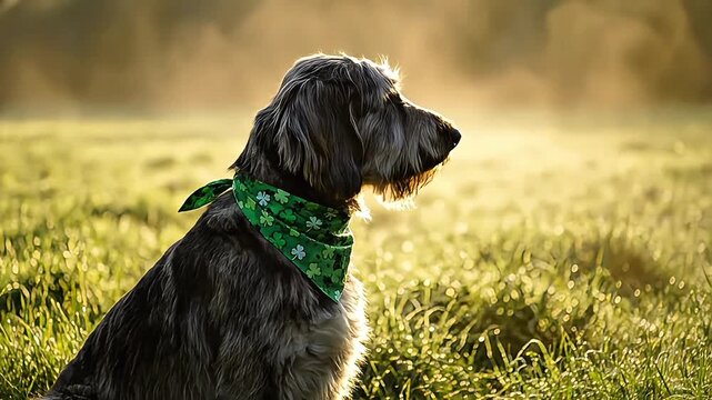 Majestic Irish Wolfhound dog with green shamrock bandana in a misty meadow, St. Patrick's Day concept