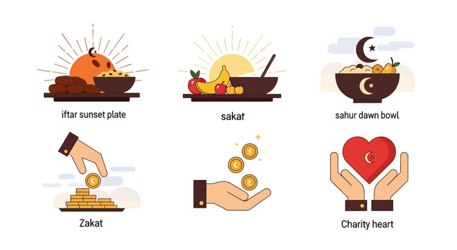 Islamic symbols and food icons for ramadan and charity themes