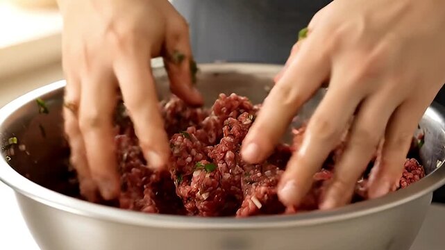 A close-up shot captures a person's hands intensely mixing a vibrant blend of ground red ingredients with fresh green herbs in a large, polished stainless steel bowl. The hands rhythmically work the r