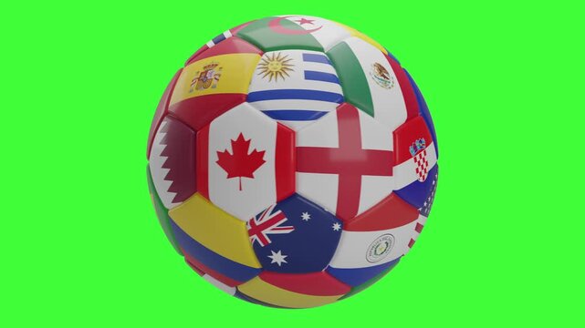Soccer ball with 2026 world championship flags spinning on a green screen. 3d animation.