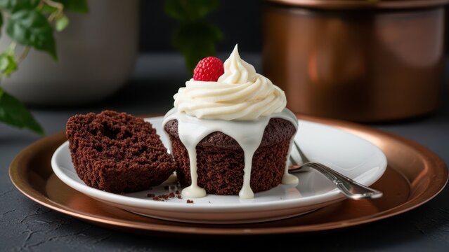 A chocolate cake with white frosting and a raspberry on a copper plate