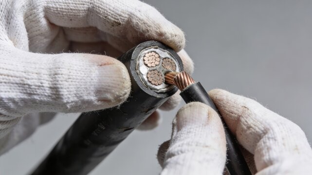 Close-up of gloved hands stripping a thick, multi-strand electrical cable, revealing copper wires