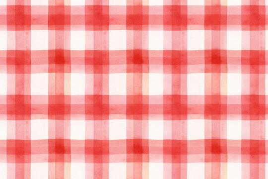 Seamless hand painted red gingham check pattern with soft watercolor texture. Warm cheerful plaid background ideal for fabric, wallpaper, packaging, stationery, kitchen and summer designs