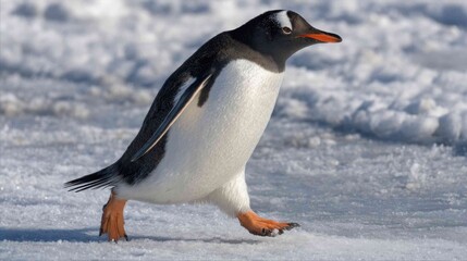 Fototapeta premium A playful gentoo penguin waddles across a frosty, icy terrain with bright orange feet