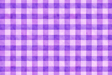 Seamless hand painted violet and purple gingham check pattern with soft watercolor texture. Warm cheerful plaid background ideal for fabric, wallpaper, packaging, stationery, kitchen, summer design