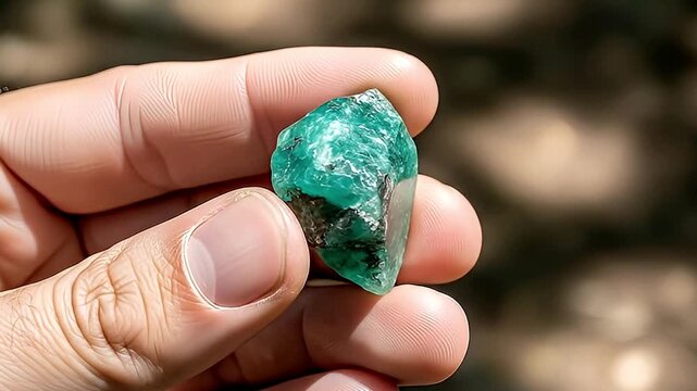 A close-up shot of a human hand delicately holding and rotating a vibrant, rough green gemstone. The unpolished mineral reveals its natural facets and unique inclusions under natural light, showcasing