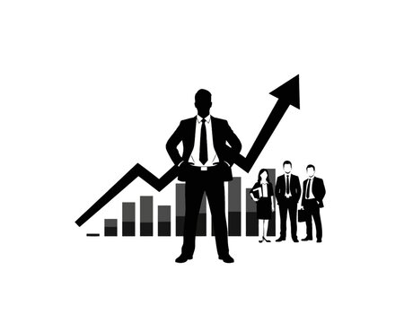 Bold vector graphic illustration depicts a leading businessman with his team standing before upward trending business growth charts.