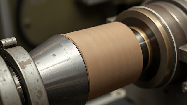 A conical metal lathe mandrel rotating with an unfinished tube sleeve fitted over it. safety posters, maintenance manuals, designed for precision metalworking and fabrication facilities.