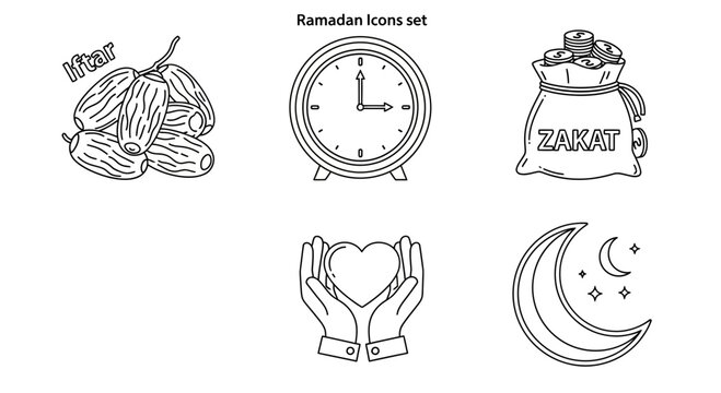 Ramadan icon set date fruit clock zakat heart crescent moon vector