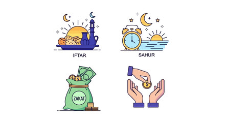 Naklejka premium Ramadan icons iftar sahur zakat charity illustrations for religious concepts