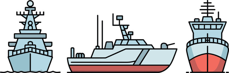 Naval warship line illustration set showing modern military ships from front and side views isolated vector style for maritime defense, navy fleet, and marine transport © Golapi Expressive