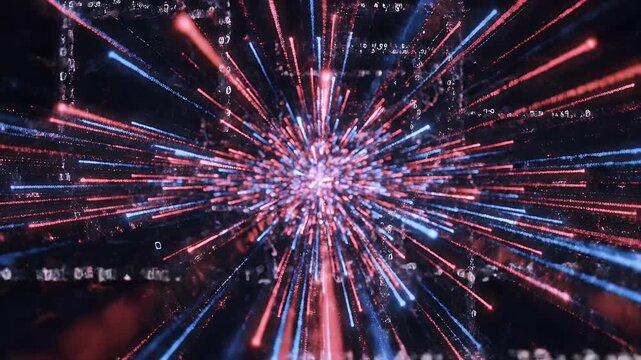 Abstract digital explosion of blue and red light streaks with binary code