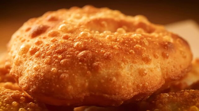 Extreme close-up of crispy deep-fried dough or indian puri with bubbly golden brown texture and warm lighting