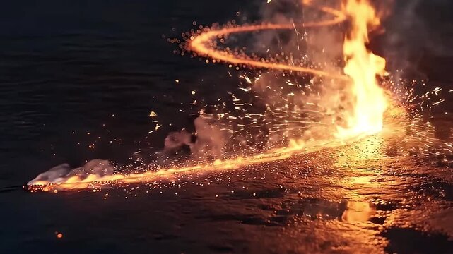 A dynamic, fiery trail of sparks and bright orange flame rapidly burns across a dark, textured surface, creating a dramatic, glowing zigzagging path. Intense yellow and red fire erupts at one end, emi