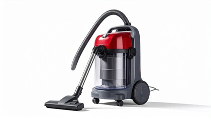 Red and gray canister vacuum cleaner with transparent dust container