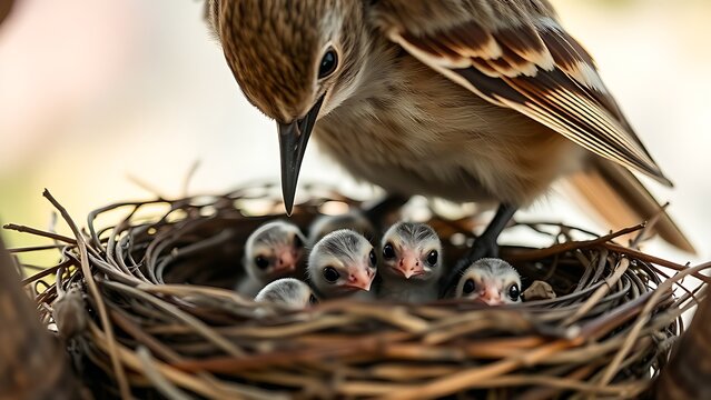 featherless. A mother bird with her wings spread, sheltering her baby birds. wildlife magazines, conservation campaigns, designed for wildlife conservation campaigns, used by presentation designers.