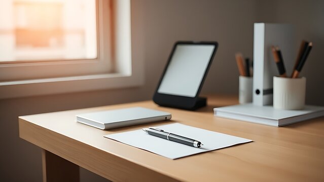 notecard. Minimalist office desk with a blank notecard and pen, bathed in soft morning light from the window. lifestyle magazines.