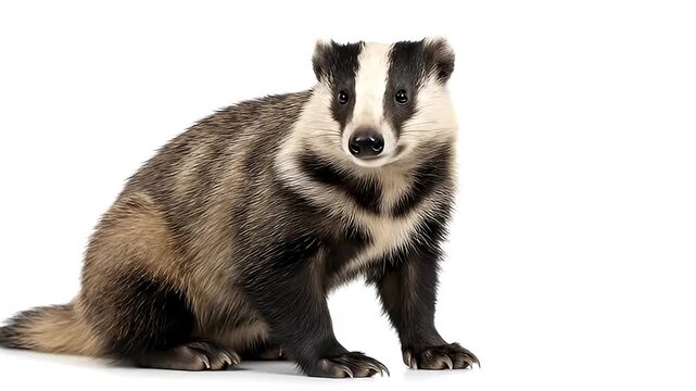 A fascinating badger, a striking creature of the wild, is captured in exquisite detail against a pristine white background. The mammal's distinctive black and white striped face, curious eyes, and thi