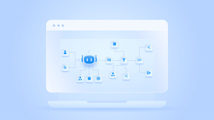 AI workflow automation artificial intelligence. ai agent network diagram dashboard connecting node user, automated process flow, ai model, data routing, and automation flow.