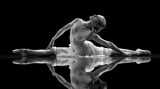 black-and-white photograph of an elegant ballerina performing the arabesque pose on her back, with a reflection in the black floor,