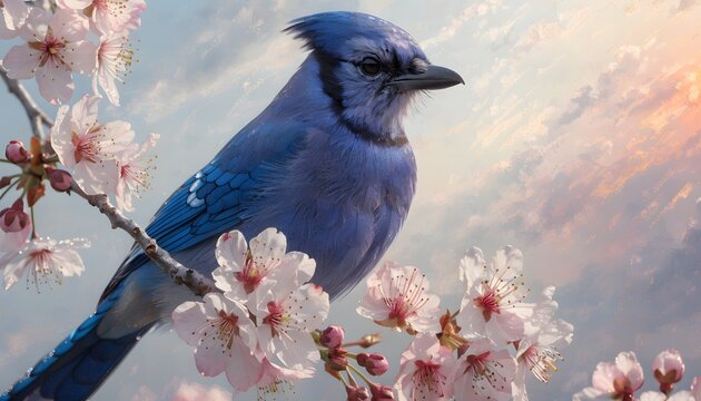 Vibrant Blue Bird Perched on Blooming Branch with Soft Sunset Glight Background in Nature