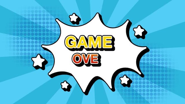 game over text word lettering popup comic cartoon reveal with bomb and smoke explosion manga anime book page dots with radial speed lines doodle sky blue background with seamless loop animation retro