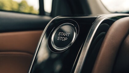 Obraz premium Start stop button in luxury car interior close up with brown leather and sleek design modern vehicle dashboard detail