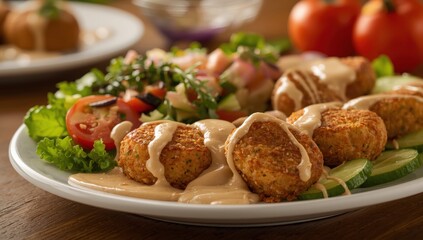 Falafel topped with tahini sauce and a vegetable salad