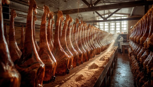 High-quality ham from natural meat is factory-dried. Jamon production process