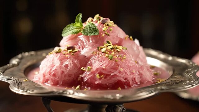 Close-up of pink falooda or saltyan dessert garnished with pistachios and mint leaf, served on a vintage silver platter against a dark, moody background.